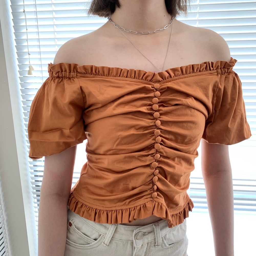off shoulder puff sleeve ruched top